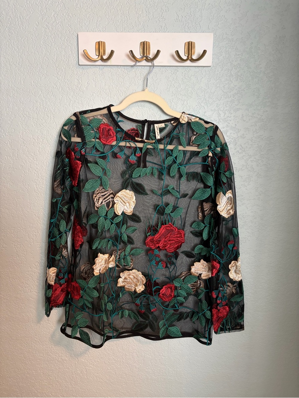 Ultra Pink Embroidered Floral Mesh Long-Sleeve Top Black with Red & Cream Roses
